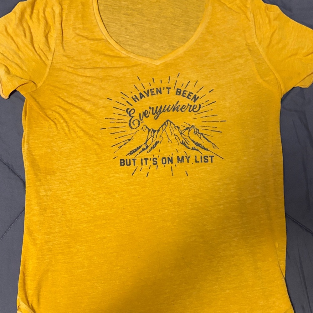 Maurices Yellow V-Neck Graphic Tee with Navy Mountain Print